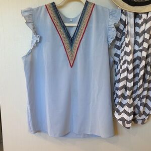 Light Blue V-Neck Ruffle Sleeve Women's Top with Embroidered Trim